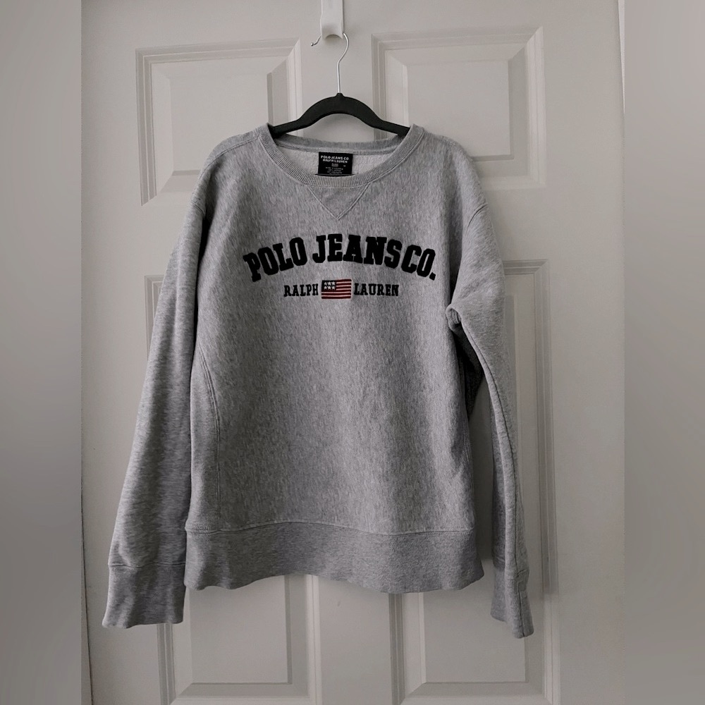 Kids Vintage Polo Jeans Ralph Lauren Flag Logo Sweatshirt Ribbed Sides Crew  M